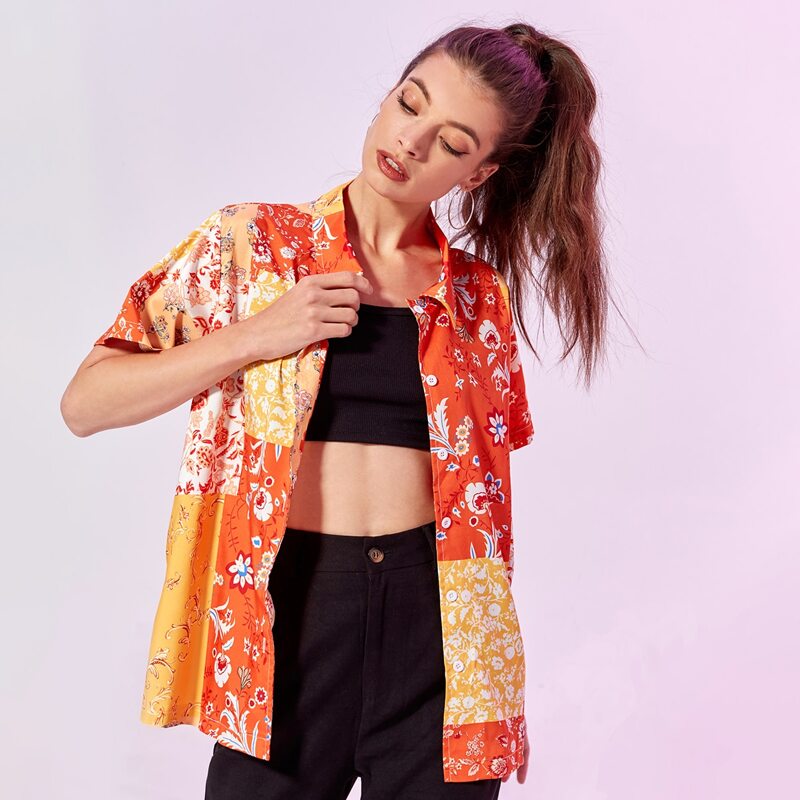 

Ditsy Floral Patchwork Button Front Shirt, Multicolor