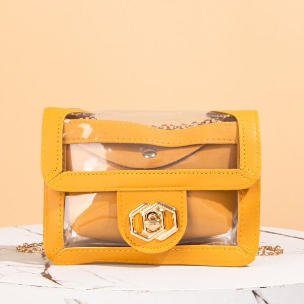 

Clear Chain Crossbody Bag With Inner Pouch, Clear mustard yellow