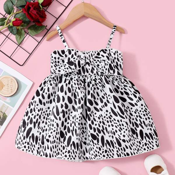 

Baby Girl Allover Print Knotted Cami Dress, Black and white