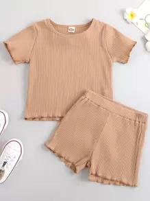 女婴羅紋小褶邊T恤和短褲
