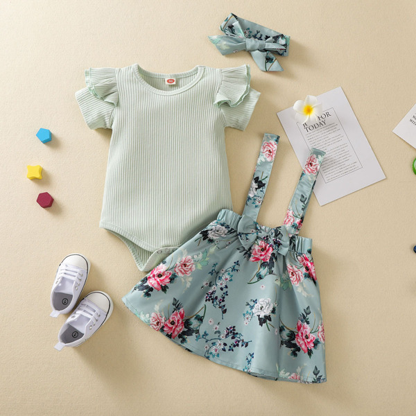 

Baby Girl Rib-knit Bodysuit With Floral Suspender Skirt With Headband, Green