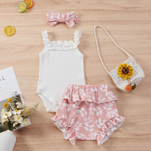 

Baby Girl Frill Cami Bodysuit & Leaf Print Shorts & Headband, Pink
