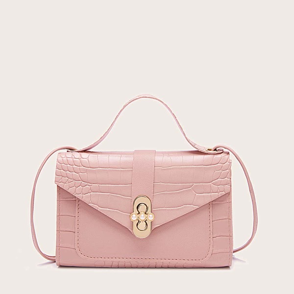 

Croc Embossed Turn-lock Flap Satchel Bag, Pink