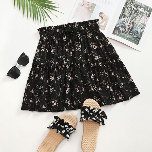 

Floral Print Frill Trim Knot Detail Skirt, Black