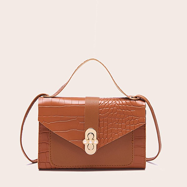 

Croc Embossed Turn-lock Flap Satchel Bag, Brown