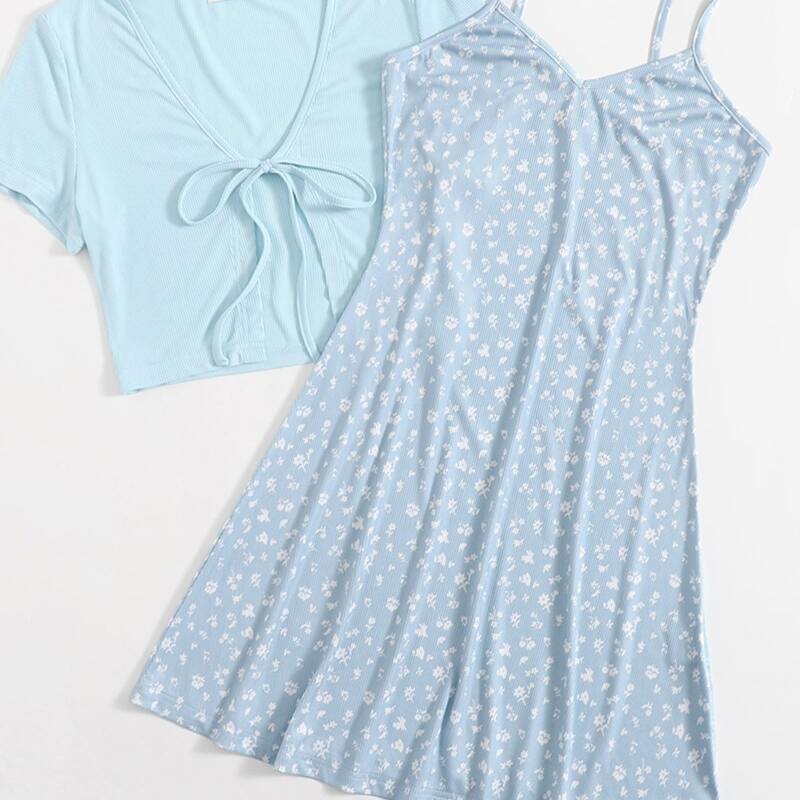

Ditsy Floral Cami Dress & Solid Ribbed Tie Front Top, Baby blue