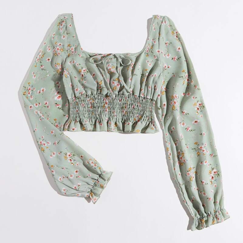 

Ditsy Flower Shirred Crop Top, Multicolor