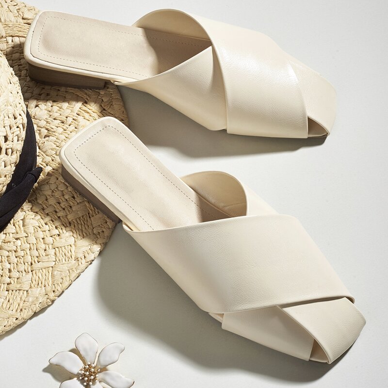 

Criss Cross Square Toe Flat Mules, Beige