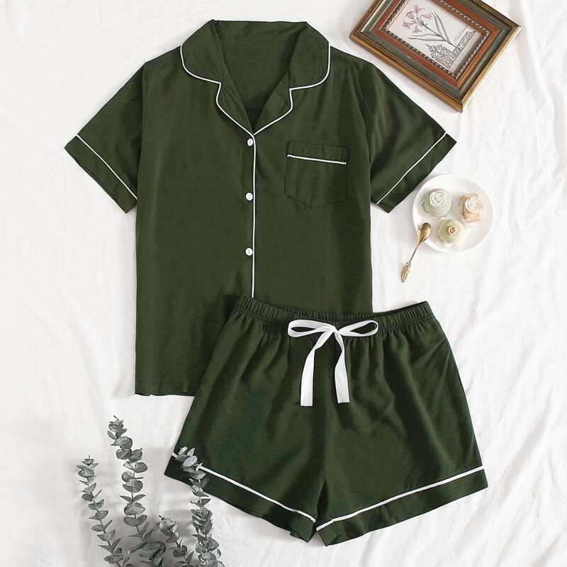 

Contrast Binding Tie Front Pajama Set, Army green