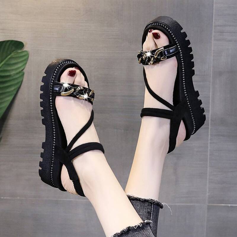 

Rhinestone Chain Wedge Sandals, Black