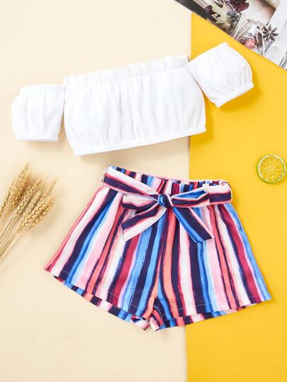شورت مخطط بحزام مع لباس علوي قصير باردو للبنات الصغار