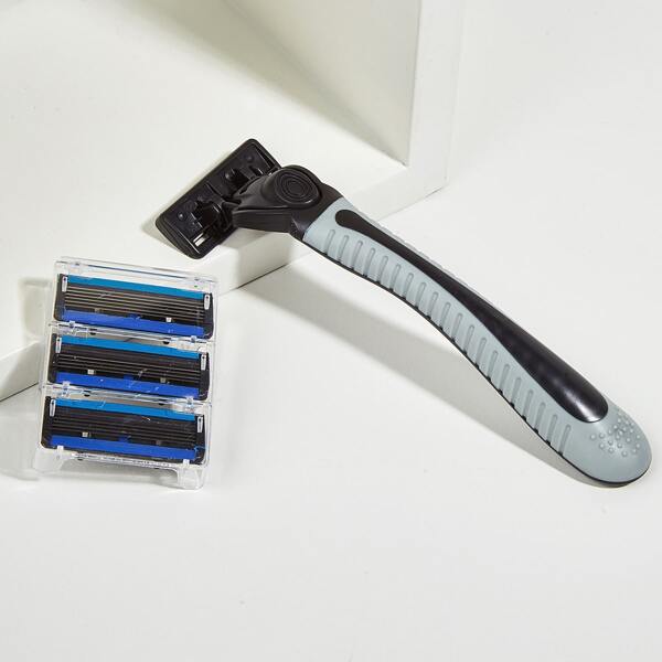 

1pc Men Beard Razor Handle & 4pcs Blade, Grey