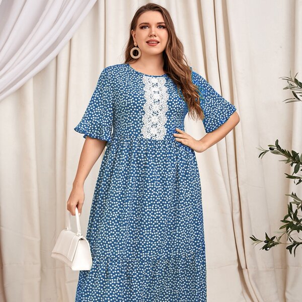 

Plus Ditsy Floral Print Lace Panel Ruffle Hem Smock Dress, Blue and white