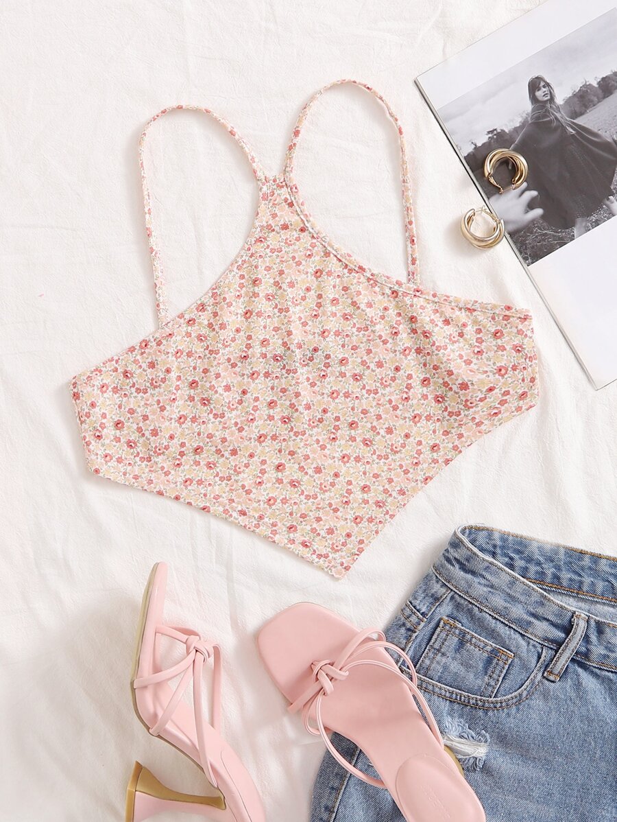 SHEIN Qutie 小碎花不對稱下擺吊帶上衣 - 彩色 - 查看 1