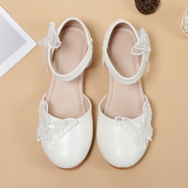 

Girls Butterfly Decor Strappy Flats, White