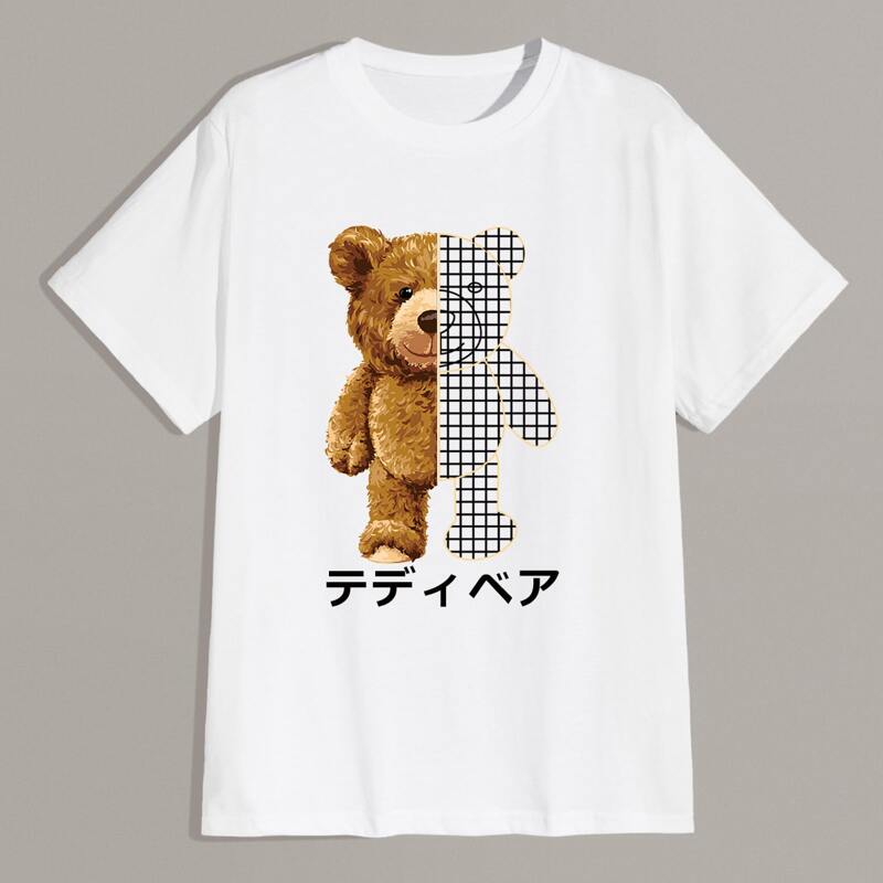 

Guys Japanese Letter Cartoon Bear Graphic Tee, White