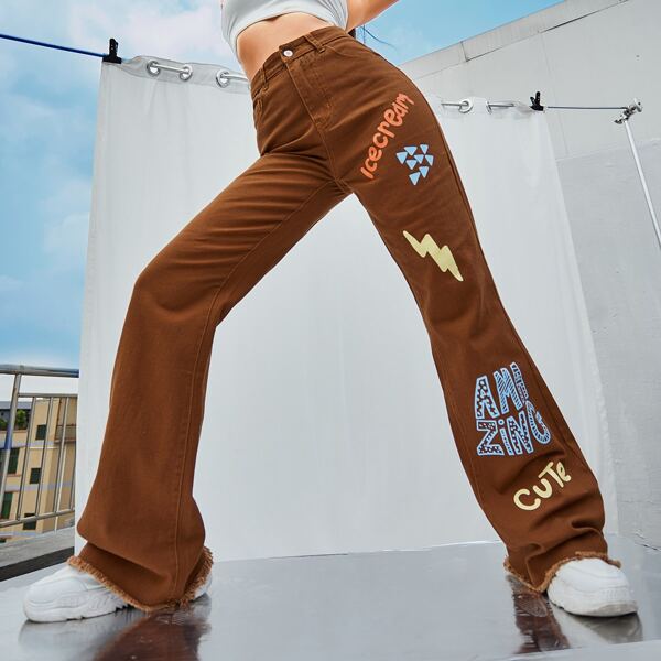 

High Waist Letter Graphic Flare Leg Jeans, Rust brown