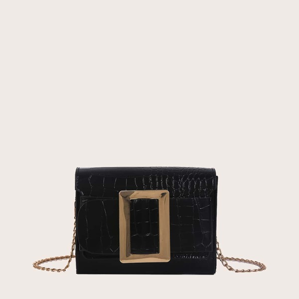 

Metal Decor Croc Embossed Chain Crossbody Bag, Black