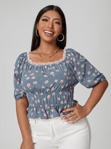 Plus Floral Lace Trim Ruffle Hem Milkmaid Blouse - Dusty Blue - View 1