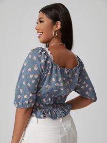 Plus Floral Lace Trim Ruffle Hem Milkmaid Blouse - Dusty Blue - View 2