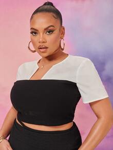 SHEIN Plus Notched Neck Mixed Media Two Tone Top - Black and White - View 2