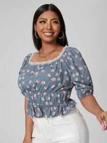 Plus Floral Lace Trim Ruffle Hem Milkmaid Blouse - Dusty Blue - View 3