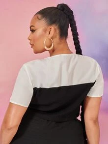 SHEIN Plus Notched Neck Mixed Media Two Tone Top - Black and White - View 3