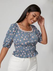Plus Floral Lace Trim Ruffle Hem Milkmaid Blouse - Dusty Blue - View 4