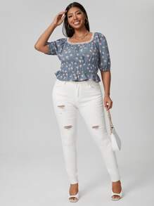 Plus Floral Lace Trim Ruffle Hem Milkmaid Blouse - Dusty Blue - View 5