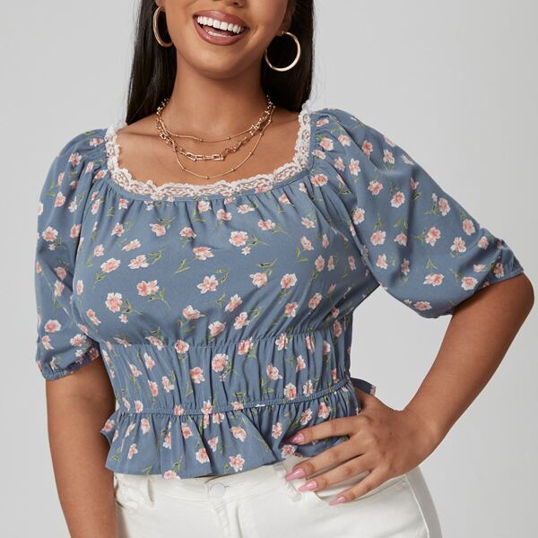 

Plus Floral Lace Trim Ruffle Hem Milkmaid Blouse, Dusty blue
