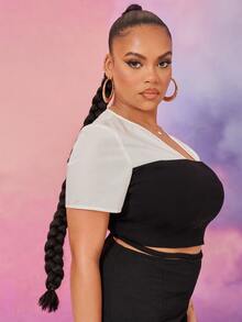 SHEIN Plus Notched Neck Mixed Media Two Tone Top - Black and White - View 6