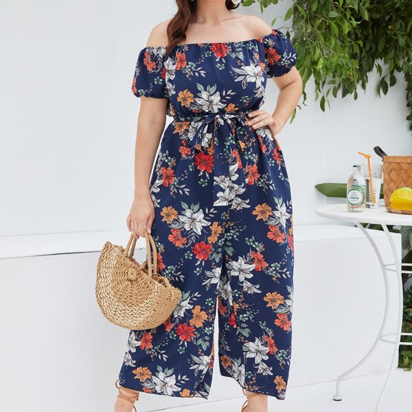 

Plus Floral Print Belted Bardot Jumpsuit, Navy blue