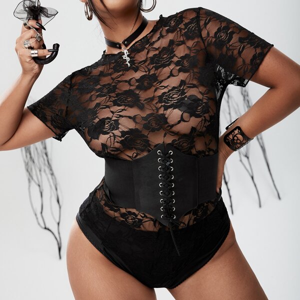 

Plus Sheer Lace Bodysuit With Corset, Black
