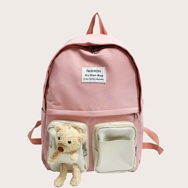 

Cartoon Decor Pocket Front Backpack, Pink