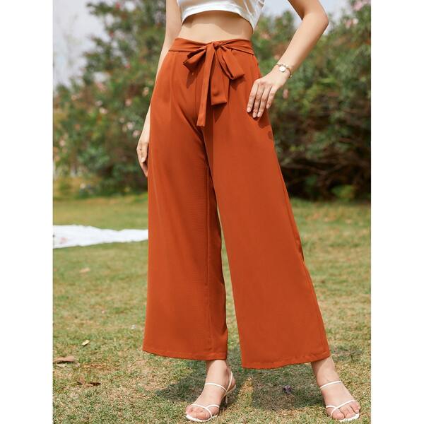 

Solid Wide Leg Belted Pants, Brown