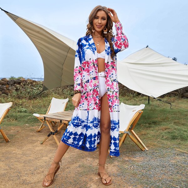 

Tie Dye & Flower Print Kimono, Multicolor
