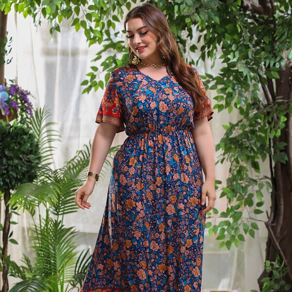

Plus Allover Floral Maxi A-line Dress, Multicolor