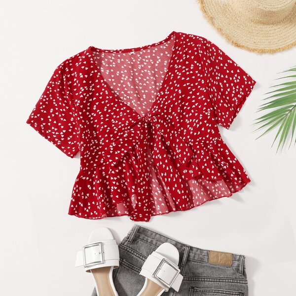 

Heart Confetti Tie Front Top, Burgundy