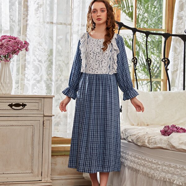 

Contrast Lace Panel Plaid Night Dress, Dusty blue