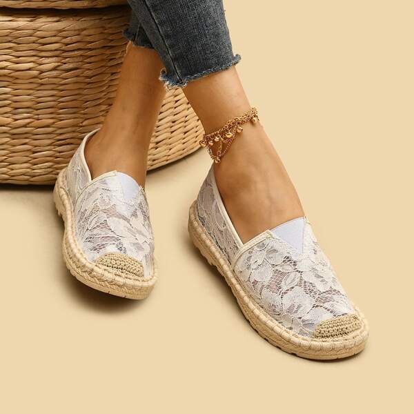 

Floral Embroidery Mesh Espadrille Flats, White