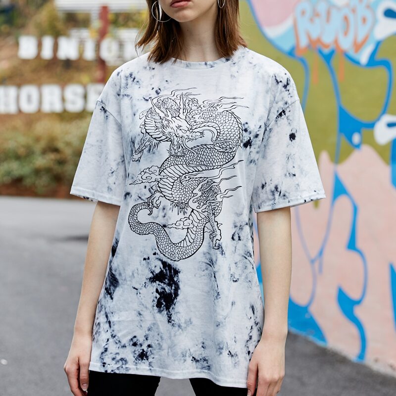 

Chinese Dragon Graphic Tie Dye Tee, Black and white