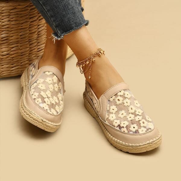 

Floral Embroidery Mesh Espadrille Flats, Apricot