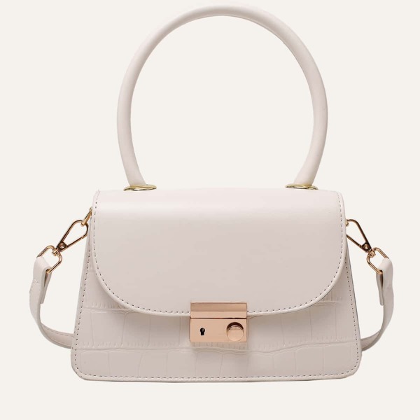 

Metal Lock Croc Embossed Satchel Bag, Beige