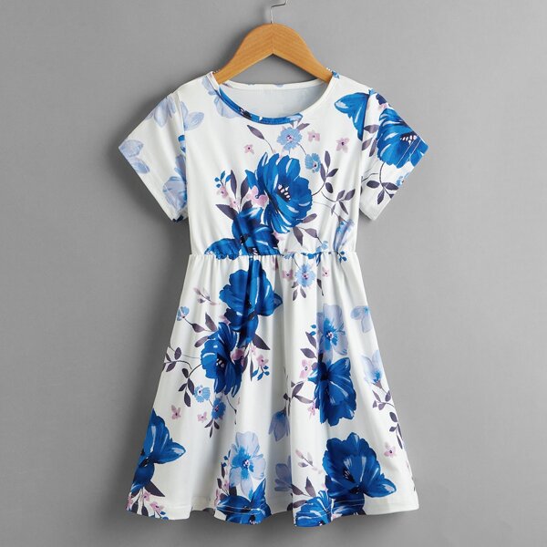 

Toddler Girls Floral Print A-line Dress, Blue and white