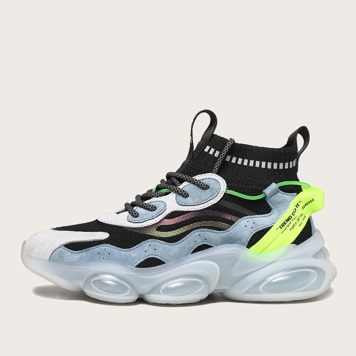

Guys Colorblock Lace Up Decor Knit Chunky Sneakers, Black and white