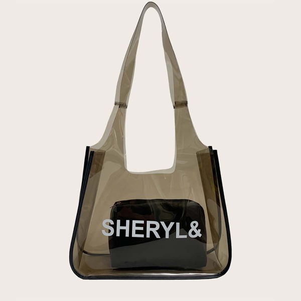 

Clear Shoulder Tote Bag With Inner Pouch, Black