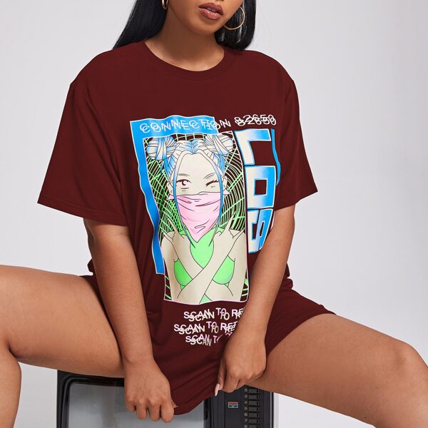 

Plus Cartoon Figure Graphic Longline Tee, Burgundy
