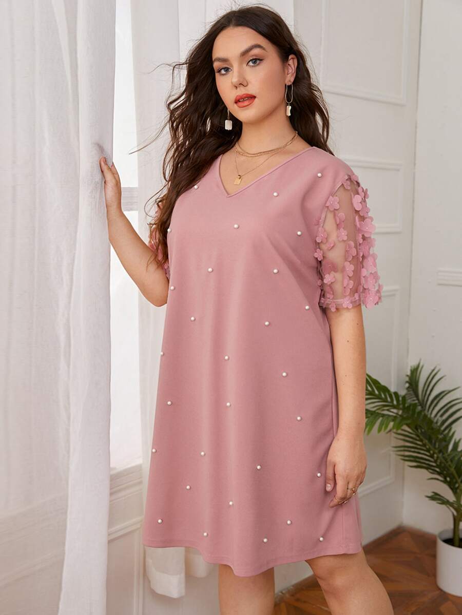 SHEIN Clasi Plus Contrast Appliques Mesh Sleeve Pearls Tunic Dress - Dusty Pink - View 1