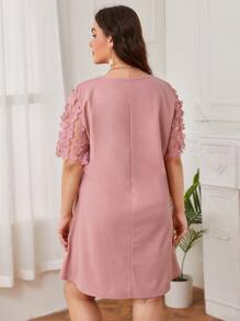 SHEIN Clasi Plus Contrast Appliques Mesh Sleeve Pearls Tunic Dress - Dusty Pink - View 2
