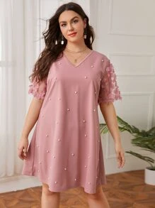 SHEIN Clasi Plus Contrast Appliques Mesh Sleeve Pearls Tunic Dress - Dusty Pink - View 4